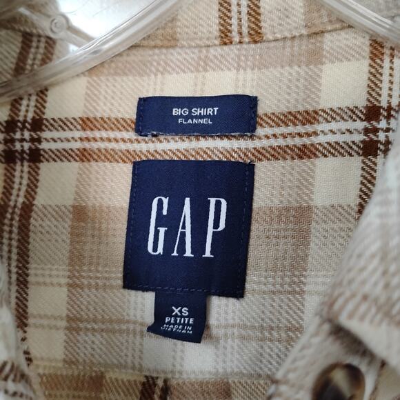 GAP Big Shirt Flannel Size XS Petite Light Brown Plaid Collared Long Sleeve - Picture 4 of 5